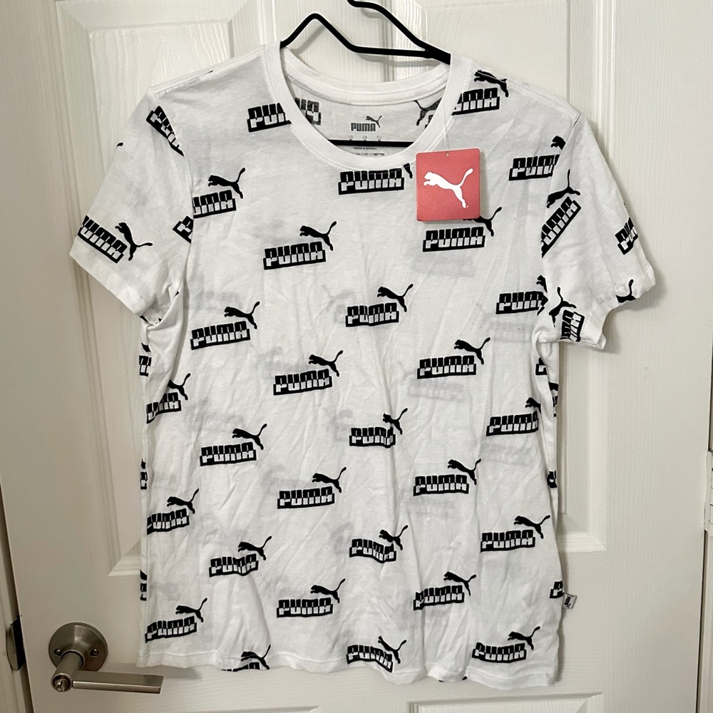 PUMA Women’s Allover Logo Tee – White/Black – Size M – NWT